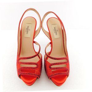 Unworn VALENTINO Ruby Red Crystal Encrusted Platform Sling Heel Sandal Pumps 36